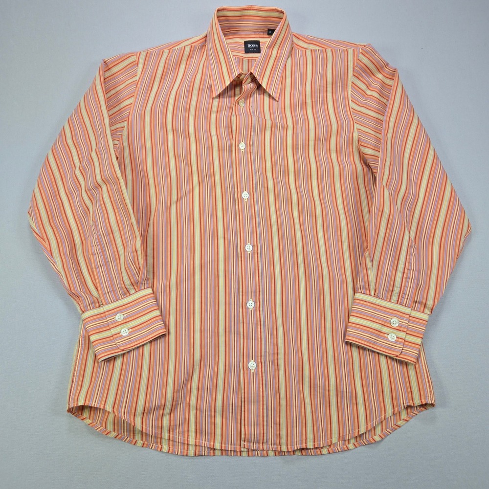 Hugo Boss Slim Fit Mens Shirt Orange Yellow Purple Vertical Stripe Size M